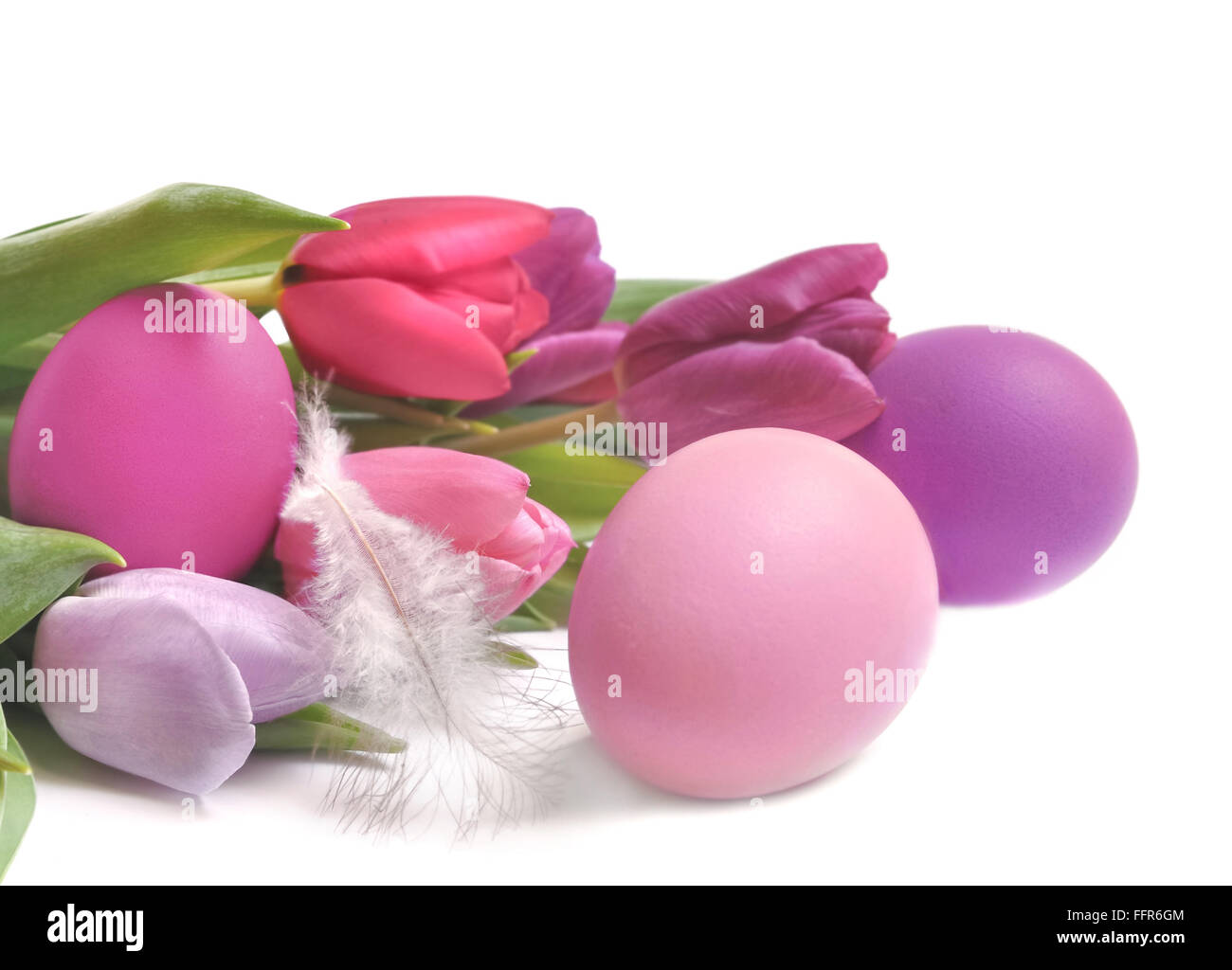 Easter eggs with tulips on white background Stock Photo - Alamy