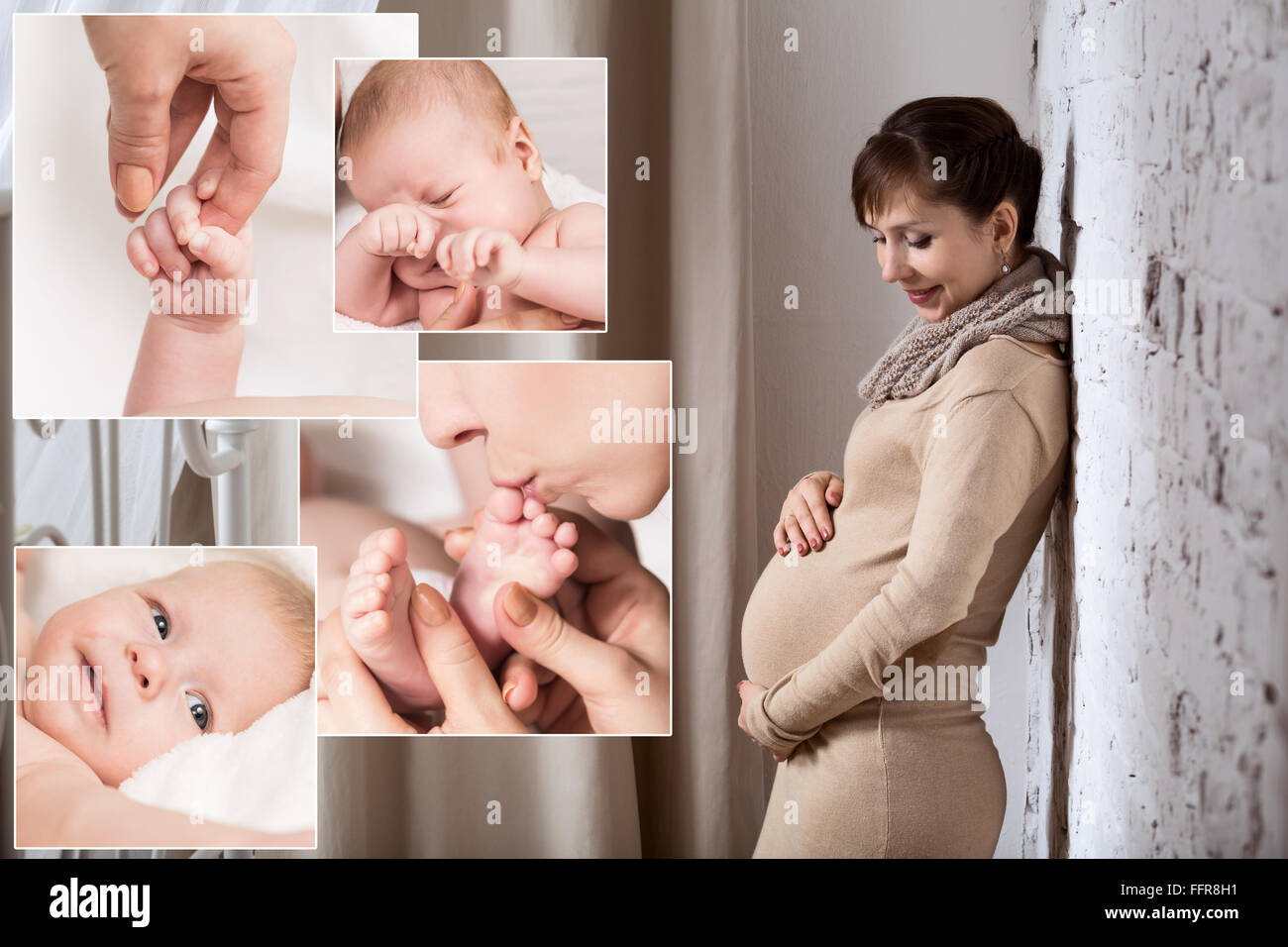 Baby collage and happy pregnant woman waiting newborn Stock Photo