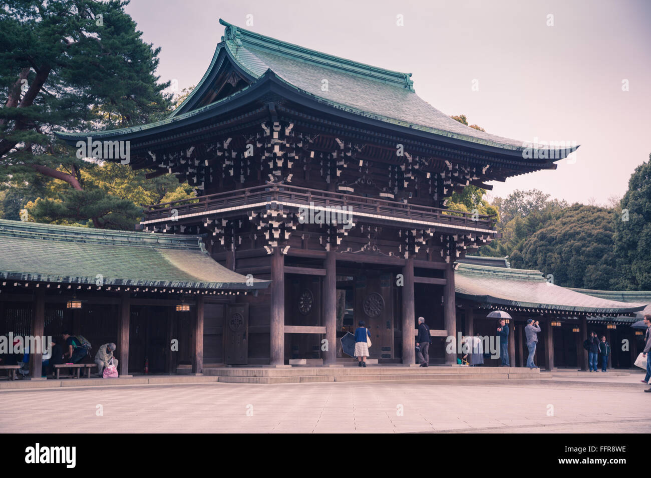 One of the magnificent entrances of the Meiji Shrine in Tokyo, Japan, on a cloudy day. Stock Photo