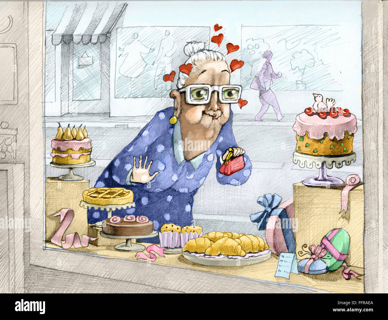 a delightful old lady looks into the window of a bakery and falls in love with a cake Stock Photo