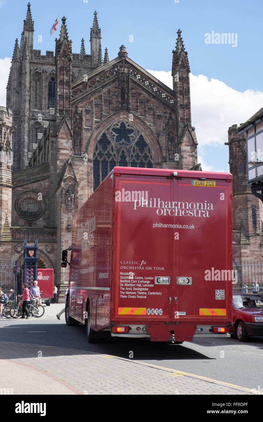 Philharmonia lorry outside Hereford cathedral Stock Photo