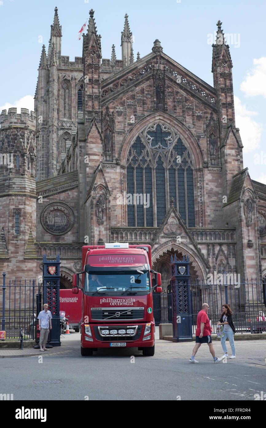Philharmonia lorry outside Hereford cathedral Stock Photo