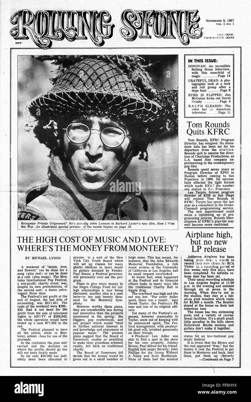 ROLLING STONE, 1967. /nFront page of the first issue of 'Rolling Stone'  magazine, 9 November 1967, featuring a photograph of rock musician John  Lennon of the Beatles as he appeared while playing