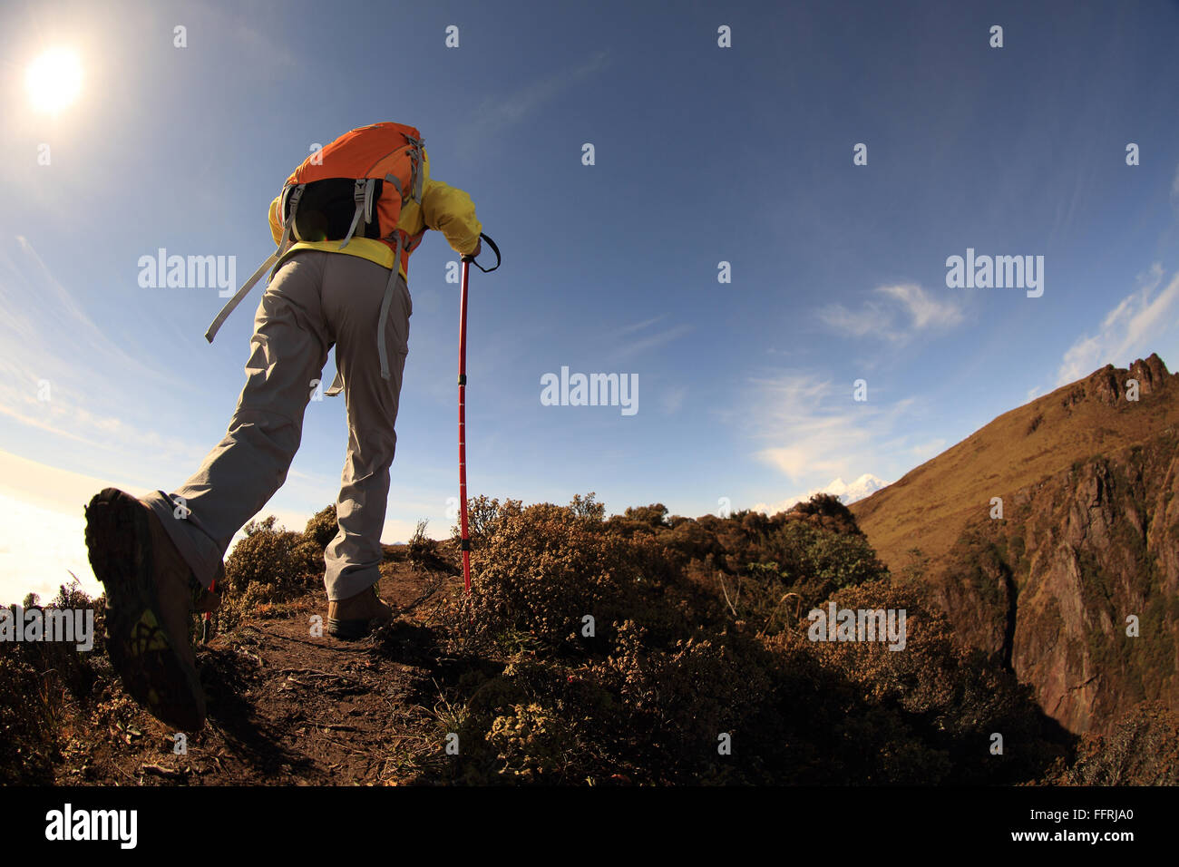 young woman backpacker hiking at mountain peak Stock Photo - Alamy