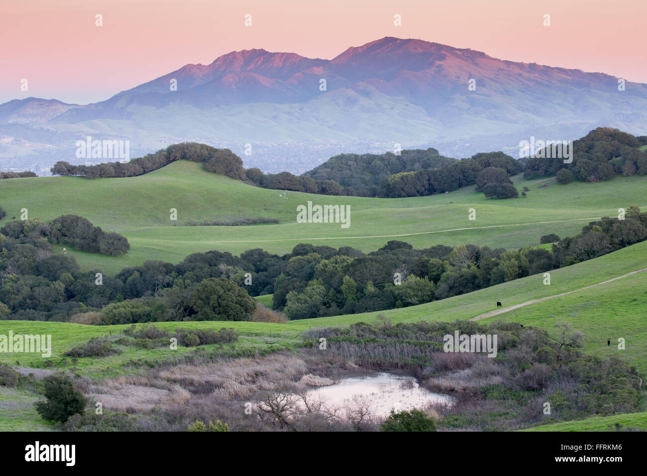 Sunset over Rolling Grassy Hills and Diablo Range of Northern California Stock Photo