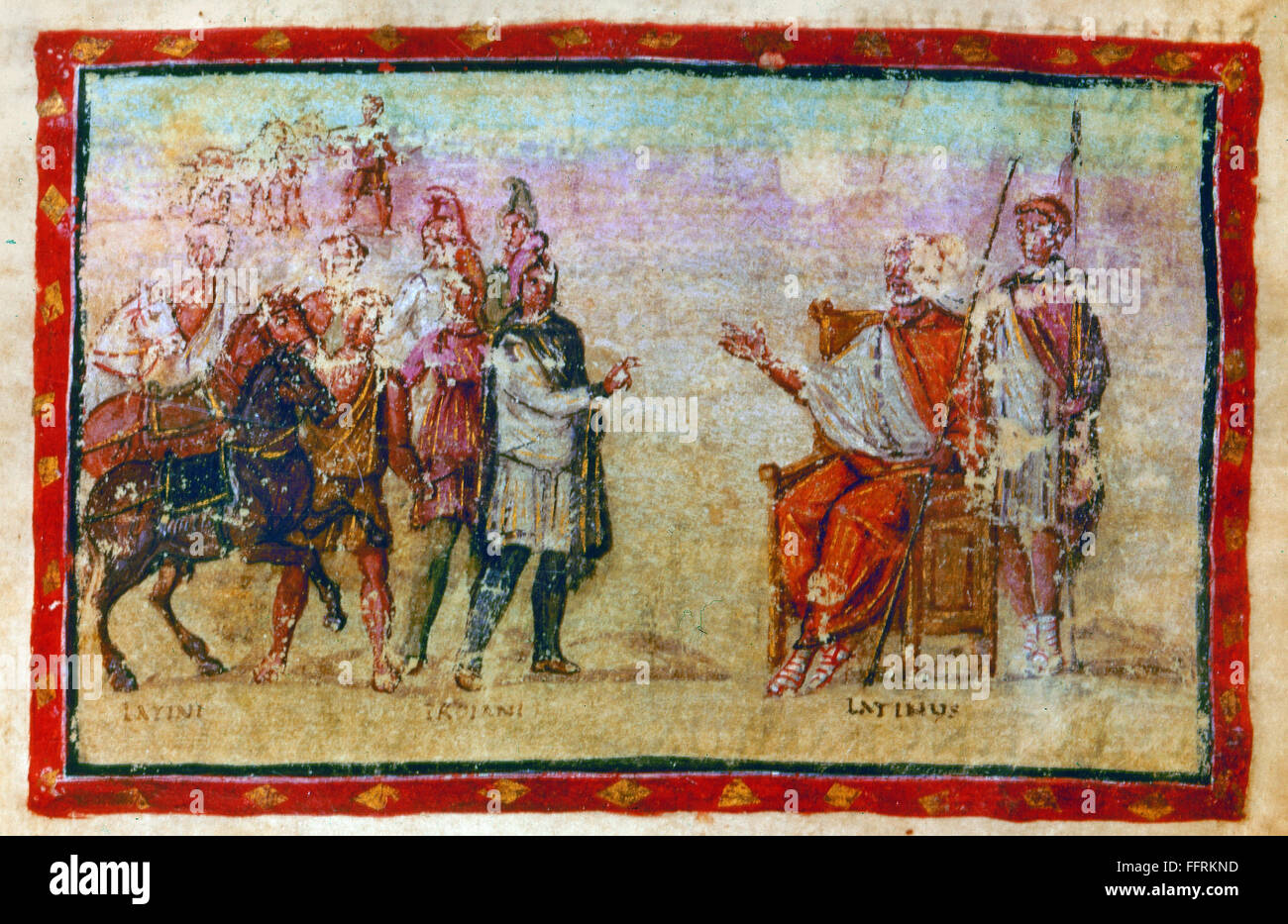 VIRGIL: THE AENEID. /nKing Latinus receiving the Trojan army. Scene from a Latin illuminated manuscript of the 'Aeneid,' c400 A.D. Stock Photo