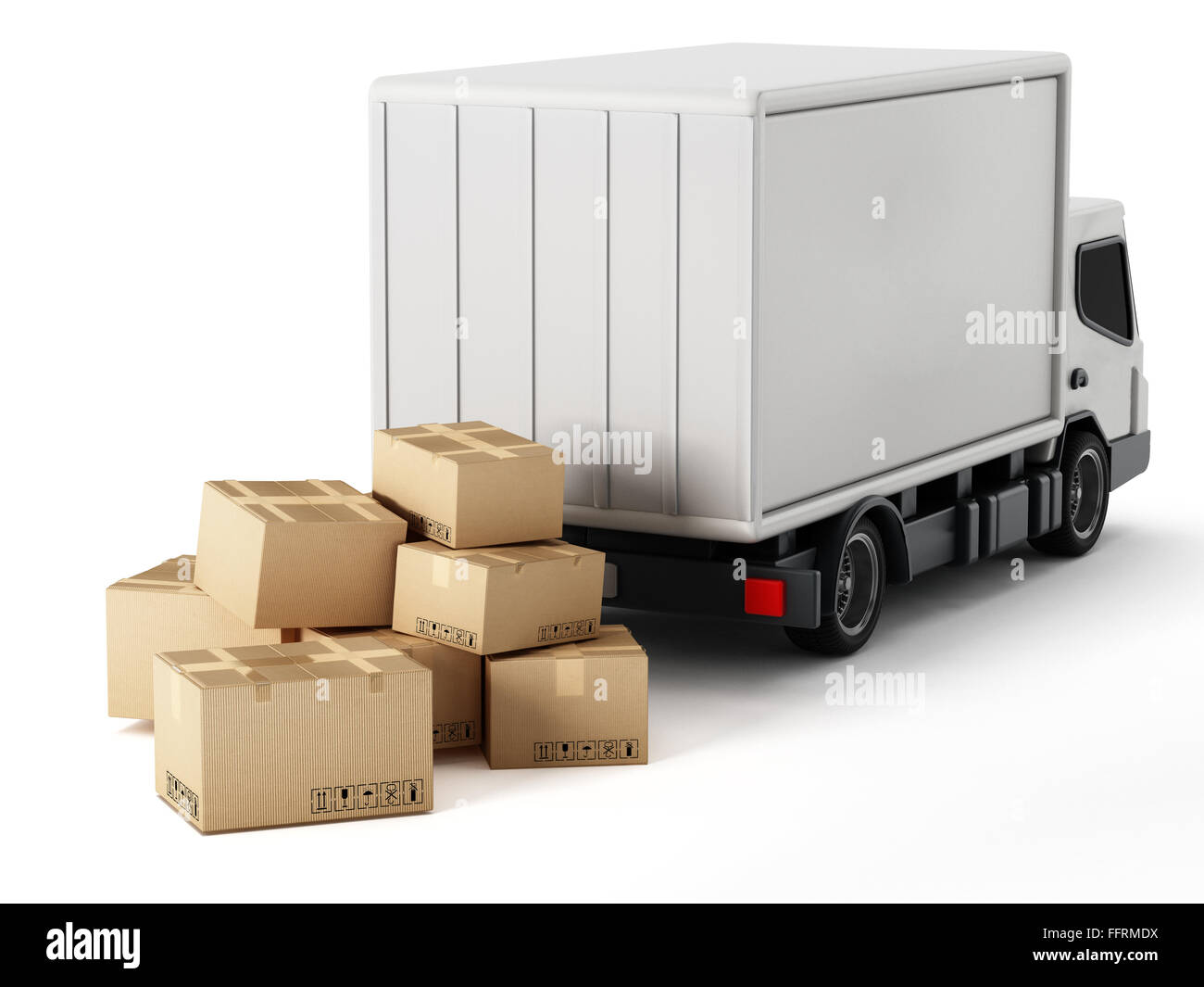 Transport truck with cardboard boxes isolated on white background Stock Photo