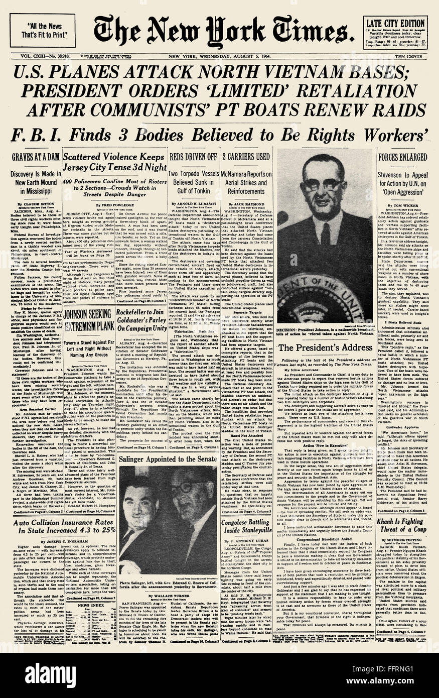 VIETNAM WAR, 1964. /nFront page of the New York Times, 5 August 1964 ...
