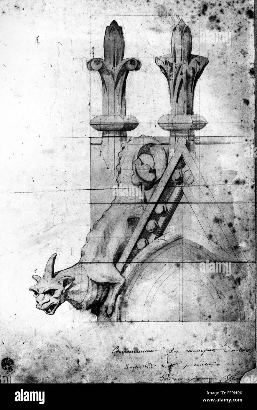 NOTRE DAME: GARGOYLE. /nDesign by EugΦne Viollet-le-Duc for a gargoyle on a buttress of Notre Dame de Paris, drawn for his mid-19th century restoration of the cathedral in Paris, France. Stock Photo