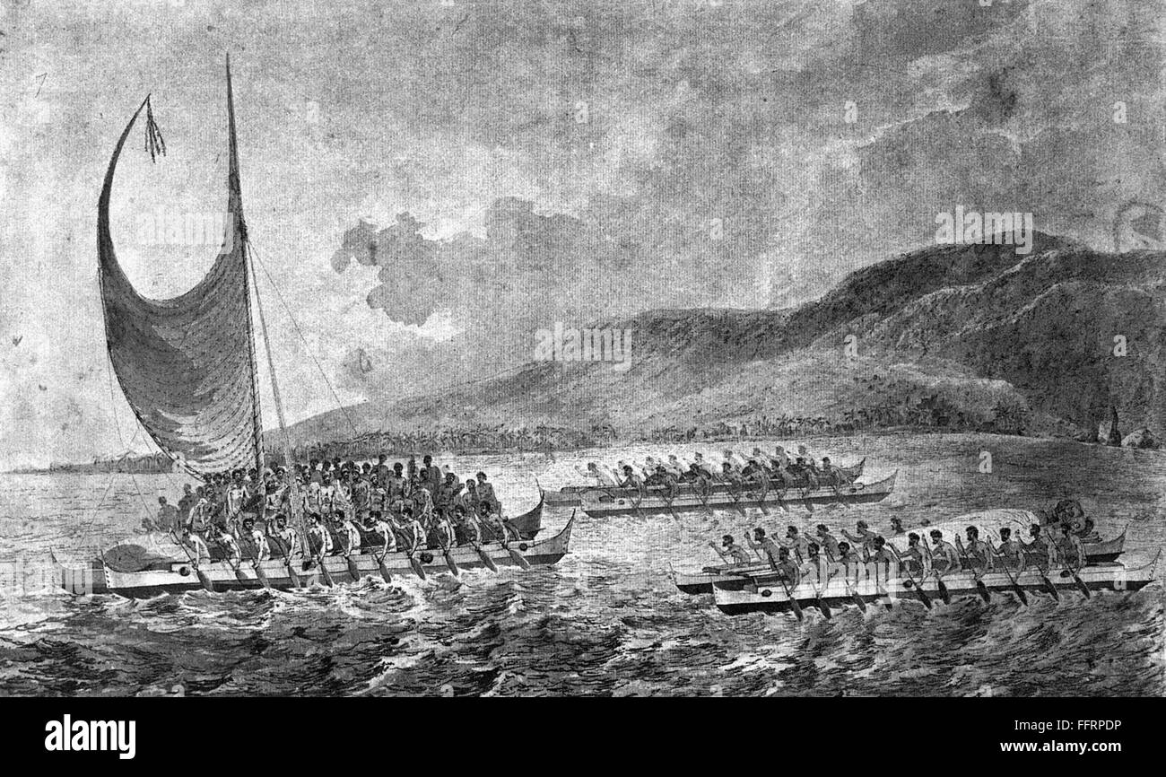 Hawaiian Natives 1779 N Tereoboo Kalani Opu U King Of Owhyee Bringing Presents To Captain Cook A Group Of Hawaiian Natives Led By Chief Kalani Opu U Arriving By Canoe To Receive Captain James Cook On 26