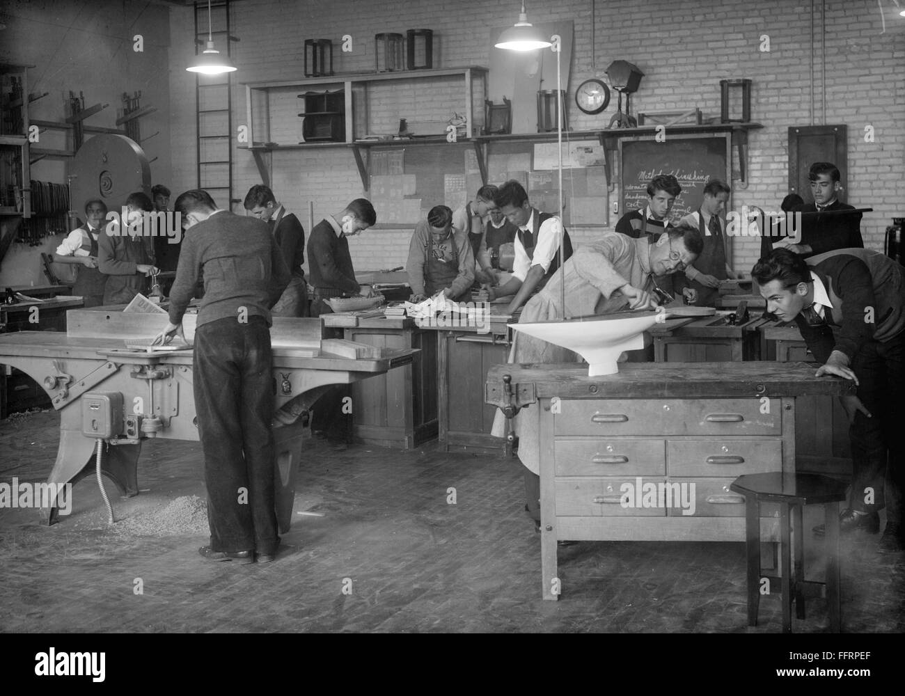 HIGH SCHOOL CLASS, 1939. /nStudents at work in a carpentry shop class