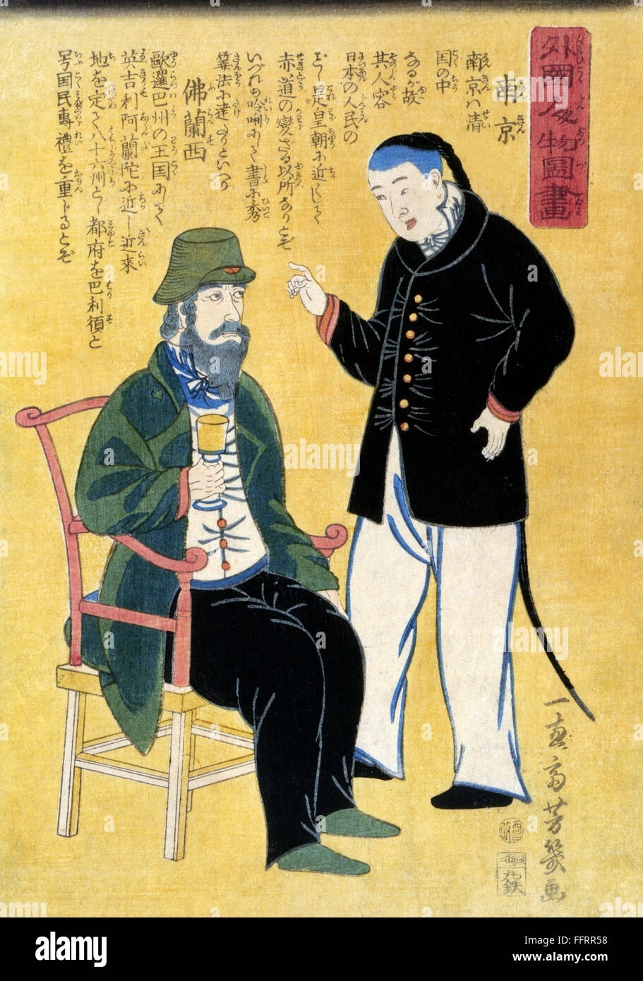 JAPAN: FOREIGNERS, c1861. /nA Japanese woodcut depicting a Chinese man standing and talking to a Frenchman seated on a chair holding a goblet. Color woodcut by Utagawa Yoshiiku (Ochiai), c1861. Stock Photo