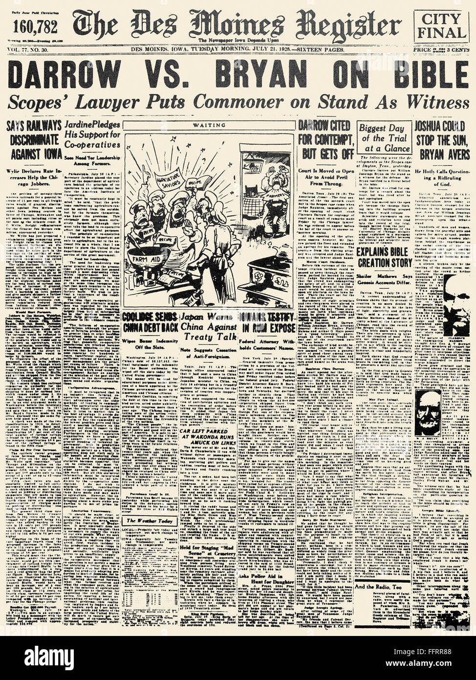 SCOPES TRIAL, 1925. /nFront page of the Des Moines Register, 21 July