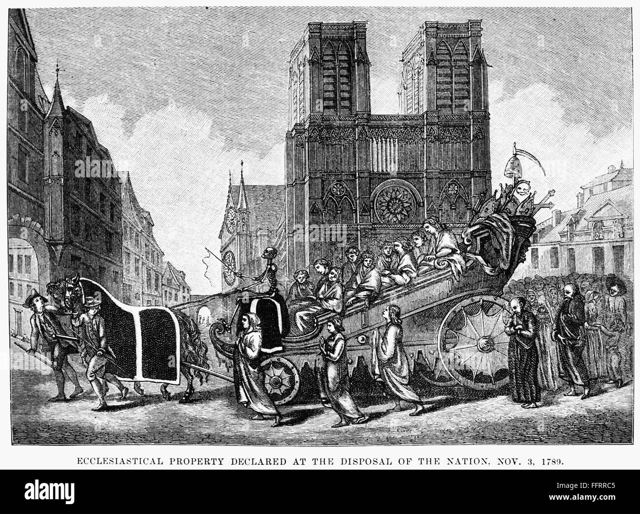 ECCLESIASTICAL PROPERTY. /n'The burial of the very high, very powerful Sir Clergyman, who died in the National Assembly, 3 November 1789.' English cartoon, 1889, reprinted in France, commenting on the nationalization of ecclesiastical property during the Stock Photo