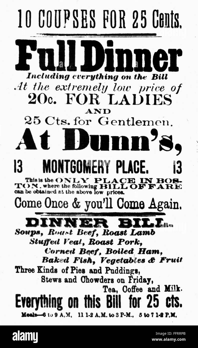 BOSTON: RESTAURANT, 1888. /nAdvertisement, 1888, for Dunn's Restaurant ...