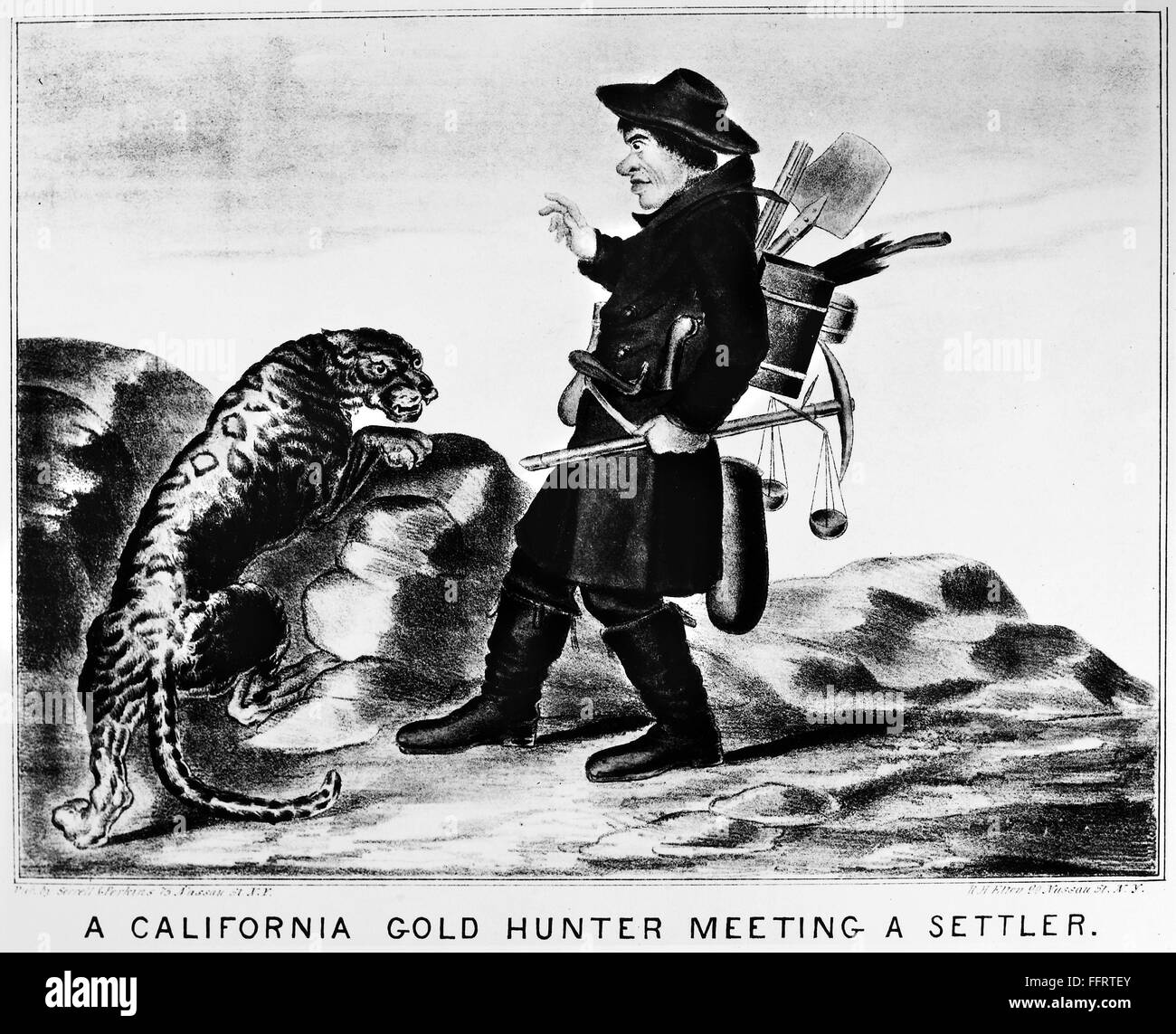 GOLD RUSH CARTOON. /n'A California Gold Hunter Meeting a Settler