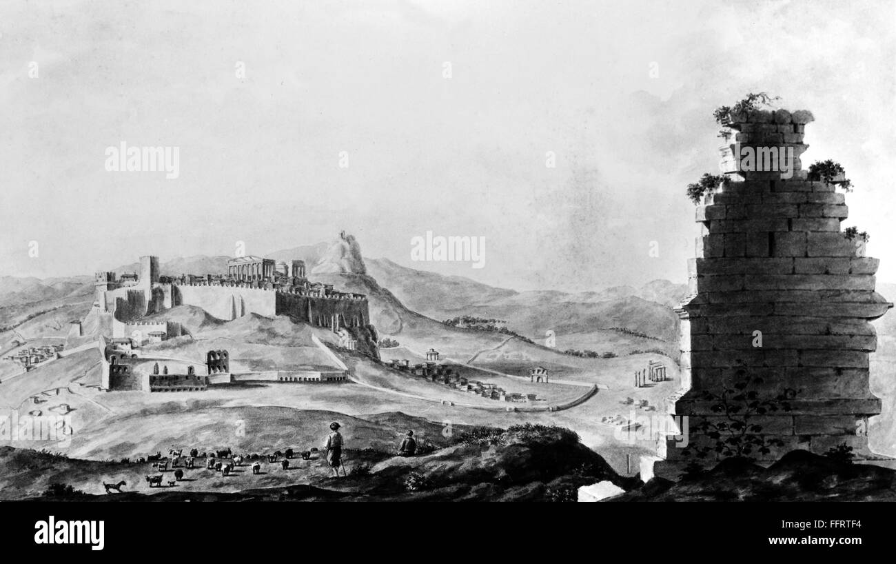 ACROPOLIS, 1800s. /nThe Acropolis of Athens, Greece, showing the Frankish Tower, left, which was demolished in 1874. Stock Photo