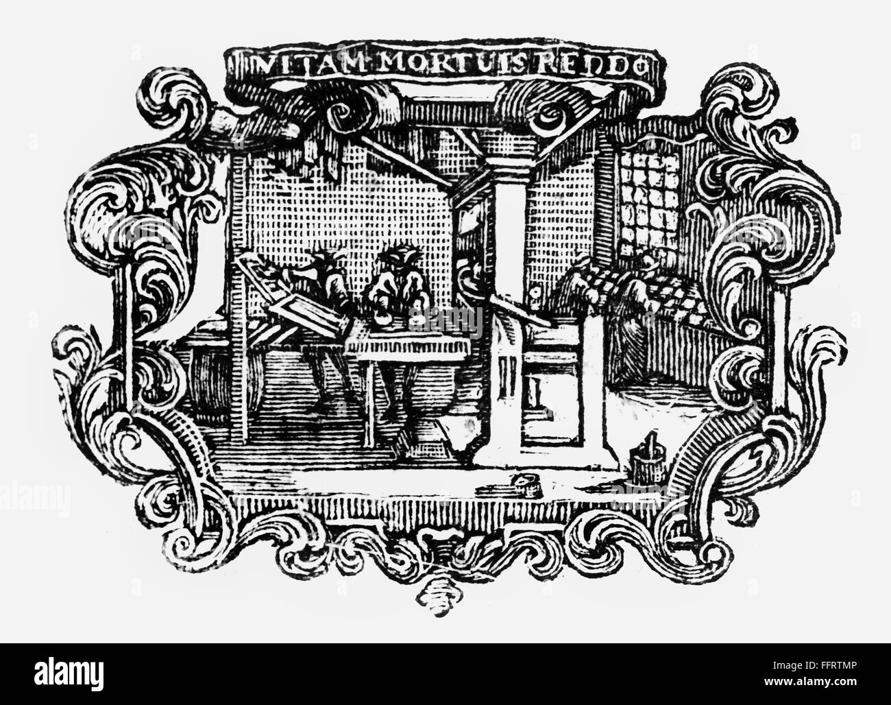 18th CENTURY PRINT SHOP. /nMen and women at work in a print shop in