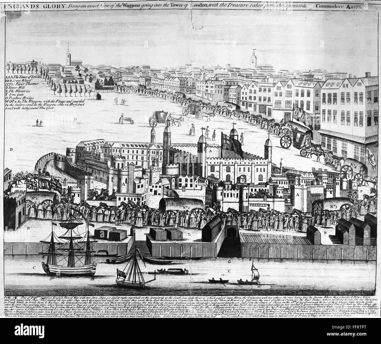 TOWER OF LONDON, 1740s. /nThe arrival at the Tower of London of wagons with treasures captured from Spanish ships, c1740./nContemporary English line engraving. Stock Photo
