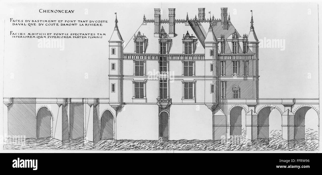 FRANCE: CHENONCEAU. /nChΓteau de Chenonceau on the Cher River in the Loire Valley. Engraving by Androuet du Cerceau (1510-1584). Stock Photo