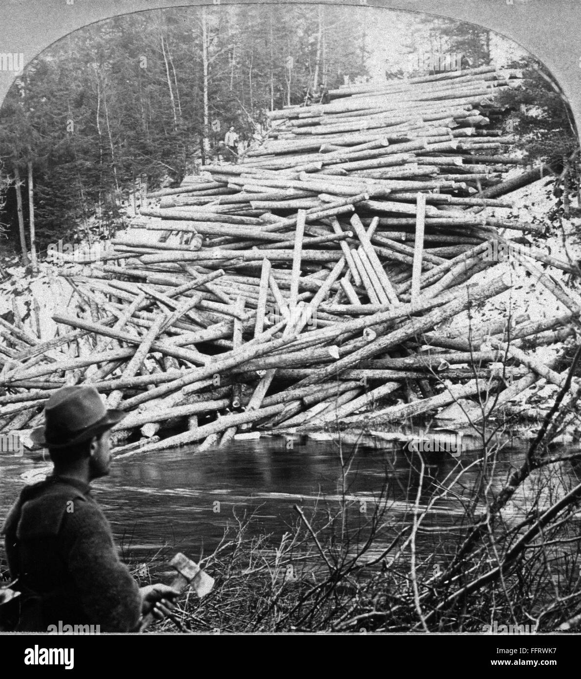 MAINE LUMBER, c1903. /nFallen logs ready to enter the Aroostook River