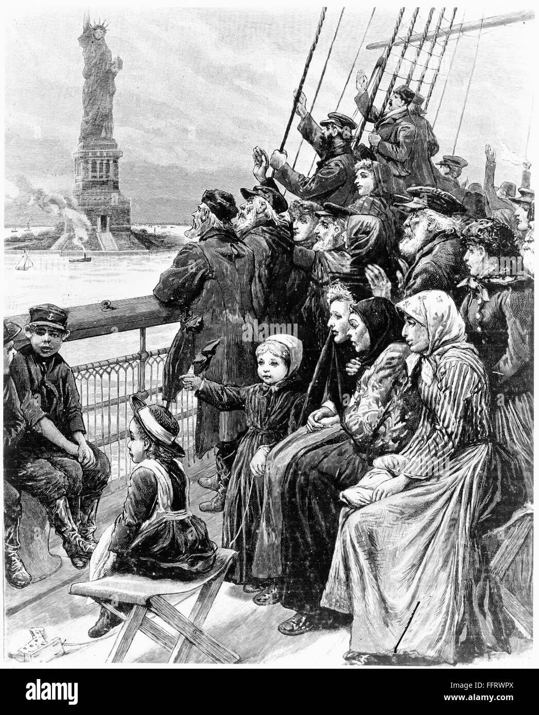 IMMIGRANT SHIP. /nImmigrants on an ocean liner passing the Statue of
