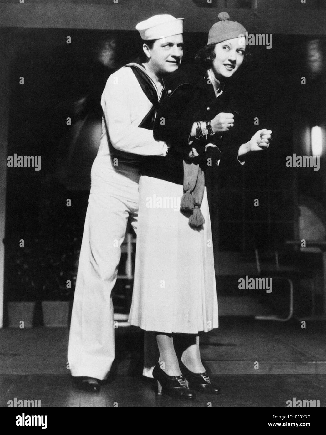 ETHEL MERMAN (1908-1984). /nAmerican actress and singer. Photographed with co-star William Gaxton during a Broadway performance of Cole Porter's musical 'Anything Goes,' 1934. Stock Photo