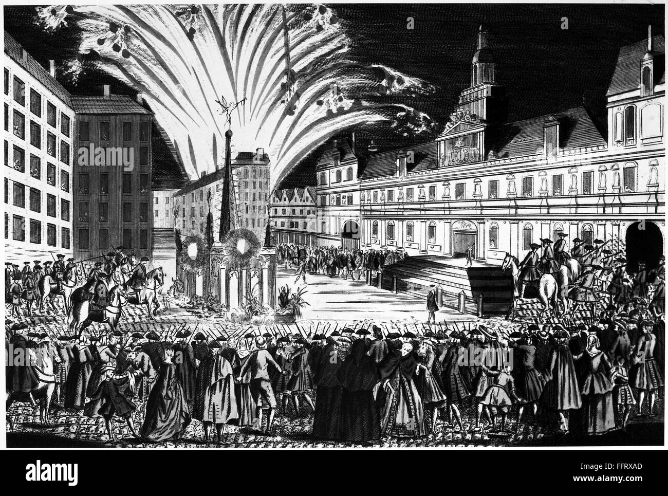 TREATY OF PARIS, 1763. /nFireworks at H⌠tel de Ville in Paris celebrating the Treaty of Paris, 10 February 1763, ending the Seven Years War between Great Britain, France and Spain. Contemporary French line engraving. Stock Photo