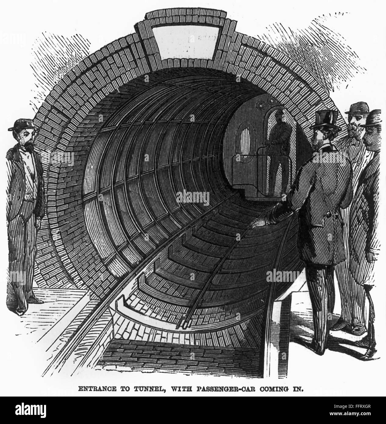 PNEUMATIC TRANSIT, 1870. /nPassenger train coming into the tunnel of