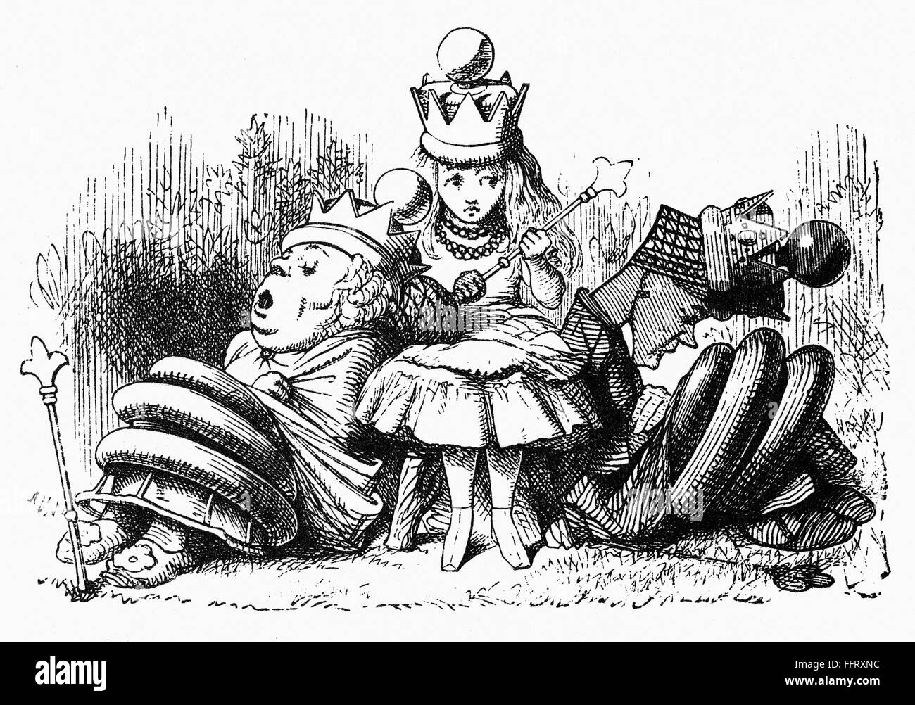 CARROLL: LOOKING GLASS. /nQueen Alice surrounded by the sleeping White and Red Queens. Wood engraving after Sir John Tenniel for the first edition of Lewis Carroll's 'Through the Looking Glass,' 1872. Stock Photo