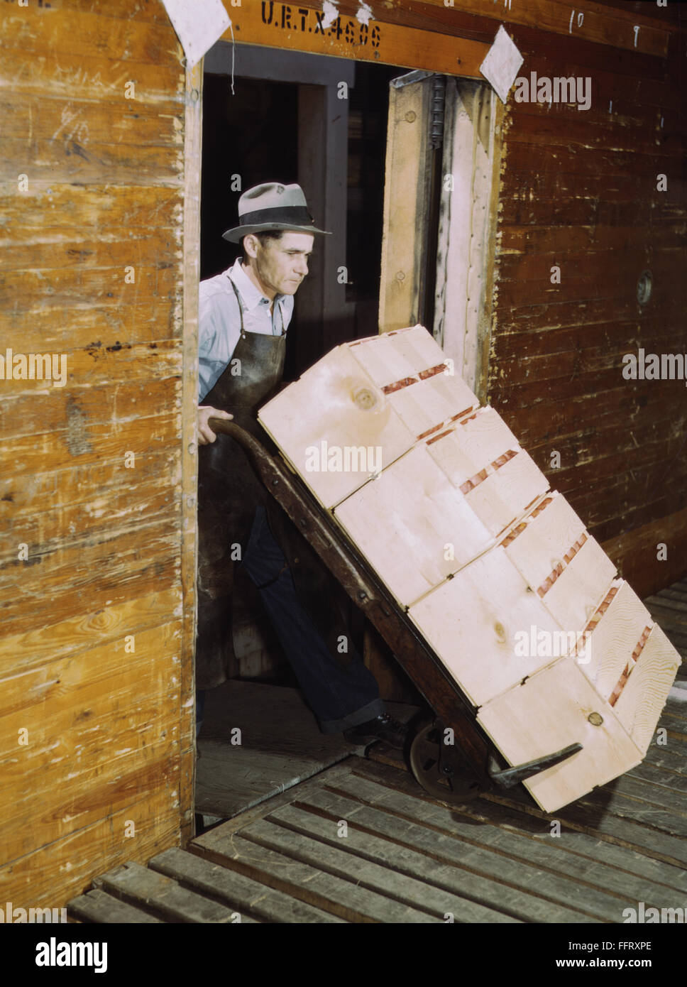 REFRIGERATOR CAR, 1943. /nMan loading oranges into a refrigerated