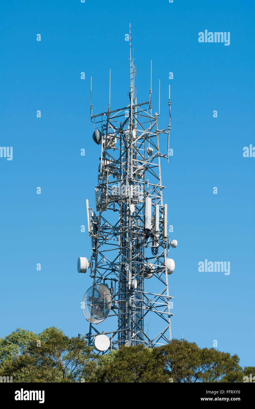 Antenna tower on top of a hill Stock Photo