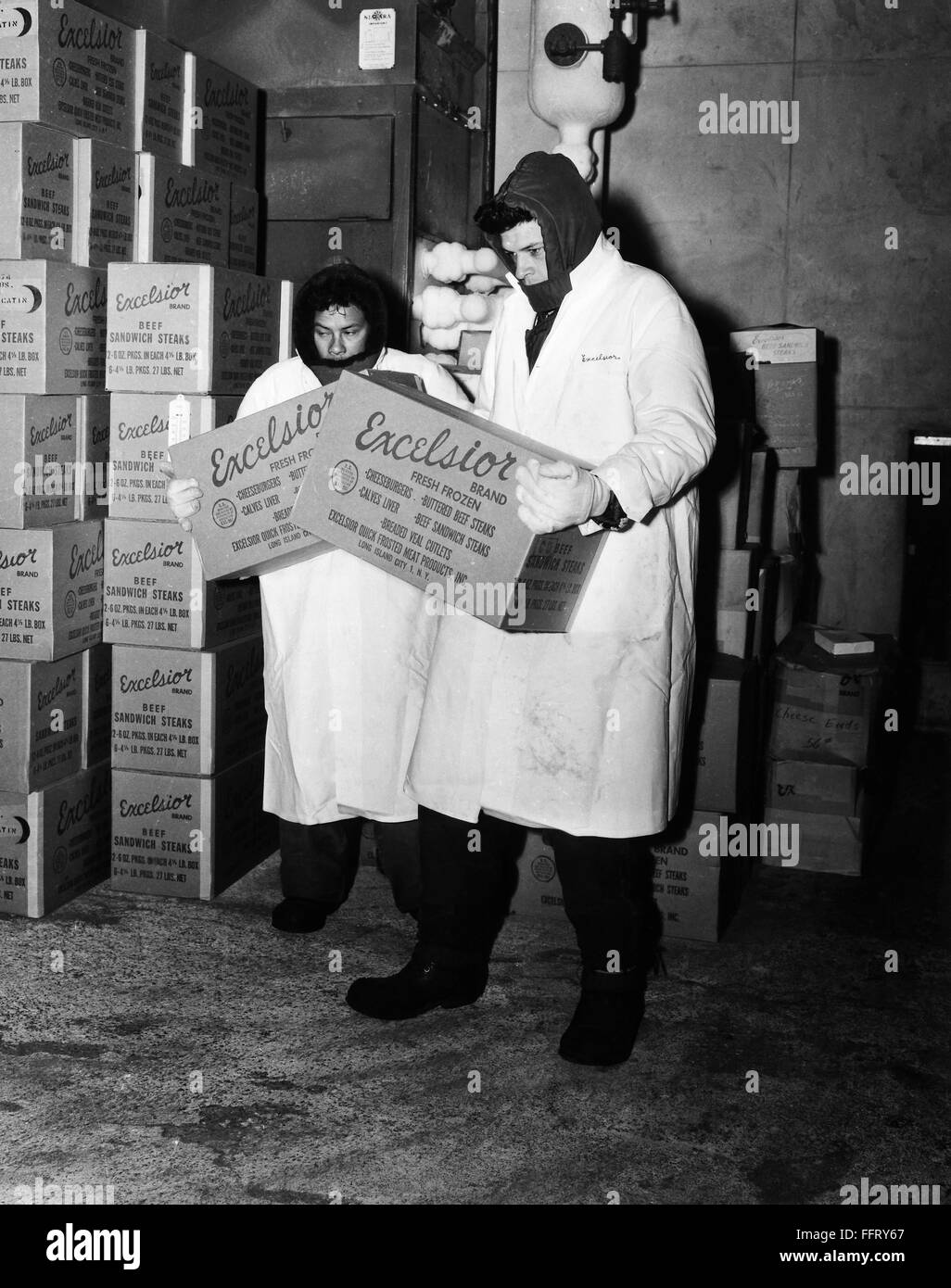 FROZEN MEAT, 1955. /nWorkers in the freezer of Excelsior Quick Frosted