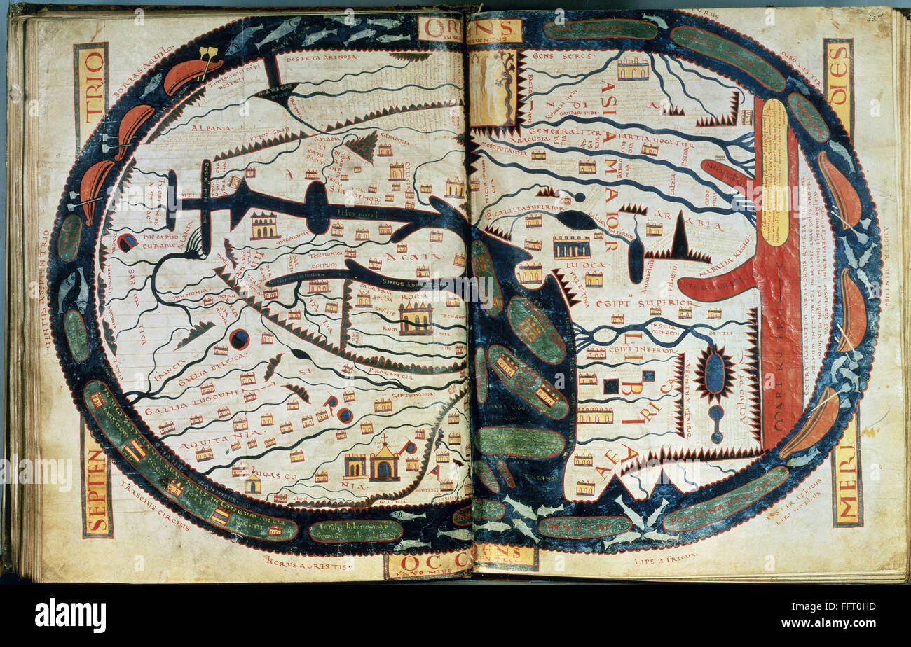 MAP OF THE WORLD, c1060. /nMap of the world, centering on Jerusalem. Spanish manuscript illumination, c1060, from the work of Beatus of Liebana (c730-c800). Stock Photo