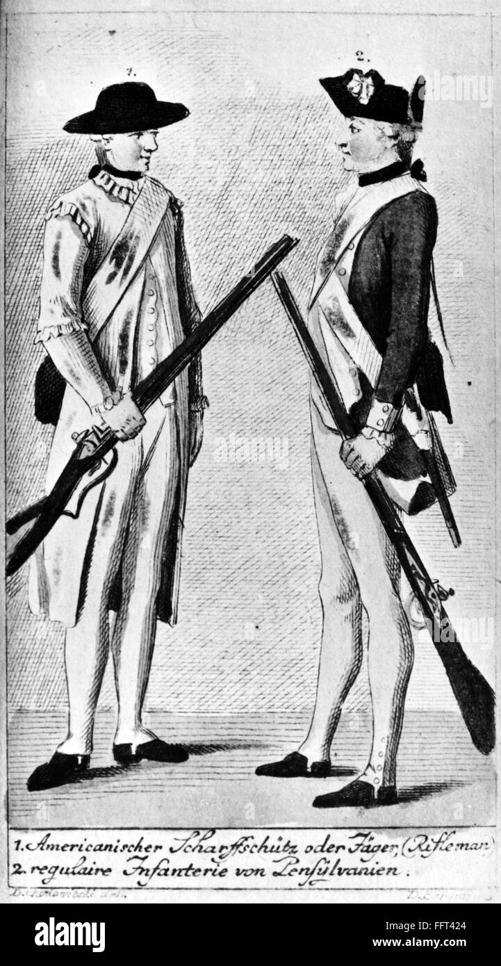 AMERICAN UNIFORMS, 1784. /nLeft: rifleman; right: infantryman from ...