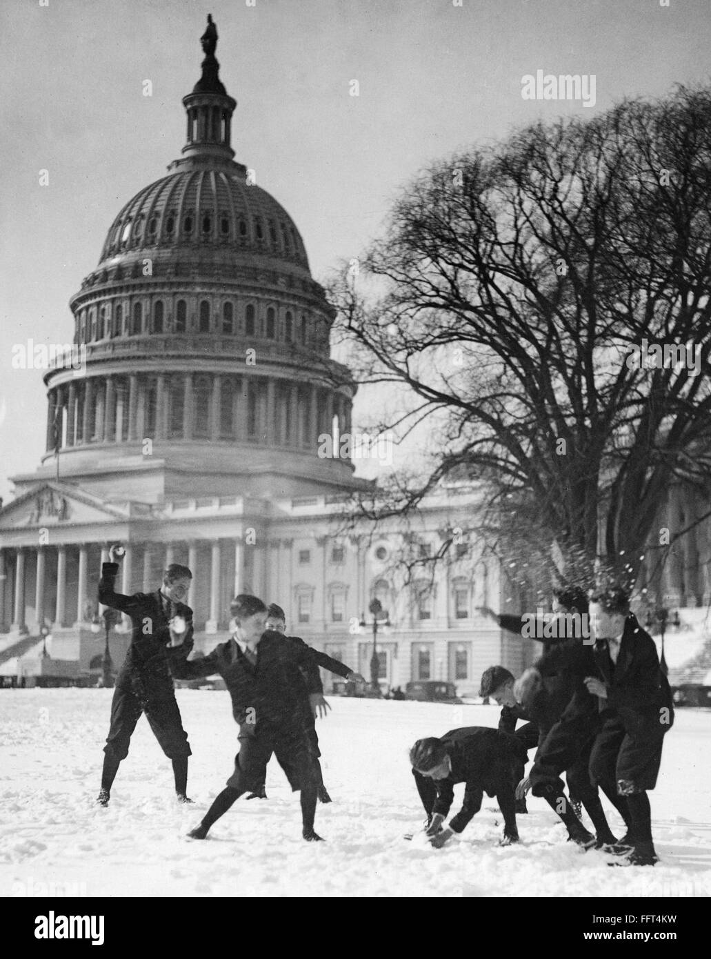 WASHINGTON SNOW FIGHT. /nSenate page boys in a snowball fight in front