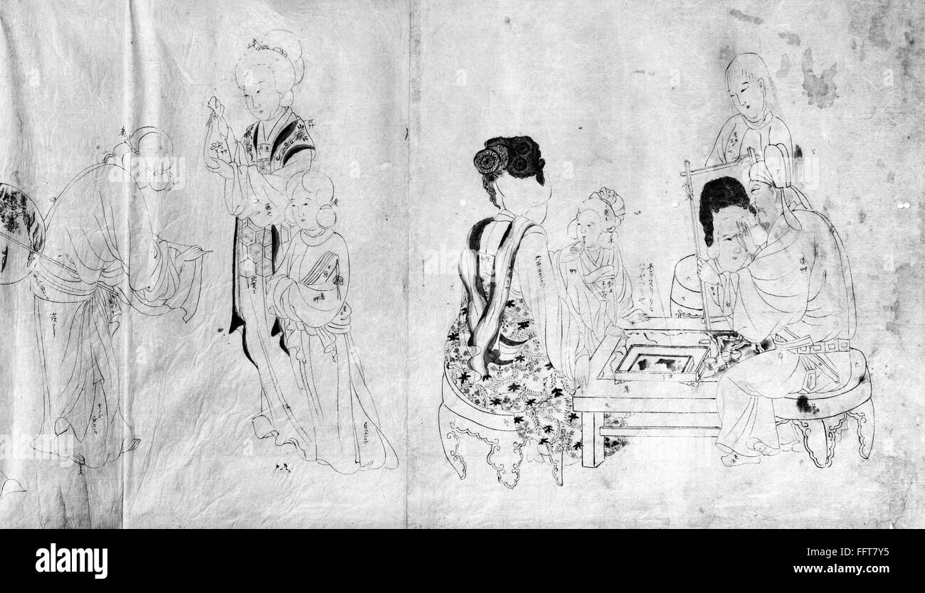 CHINA: COURT LIFE. /nSpring morning in the T'ang court (detail). Ink and color on paper, Japanese, after Chou Wen-Chu, 10th century court painter of the Southern T'ang Dynasty. Stock Photo
