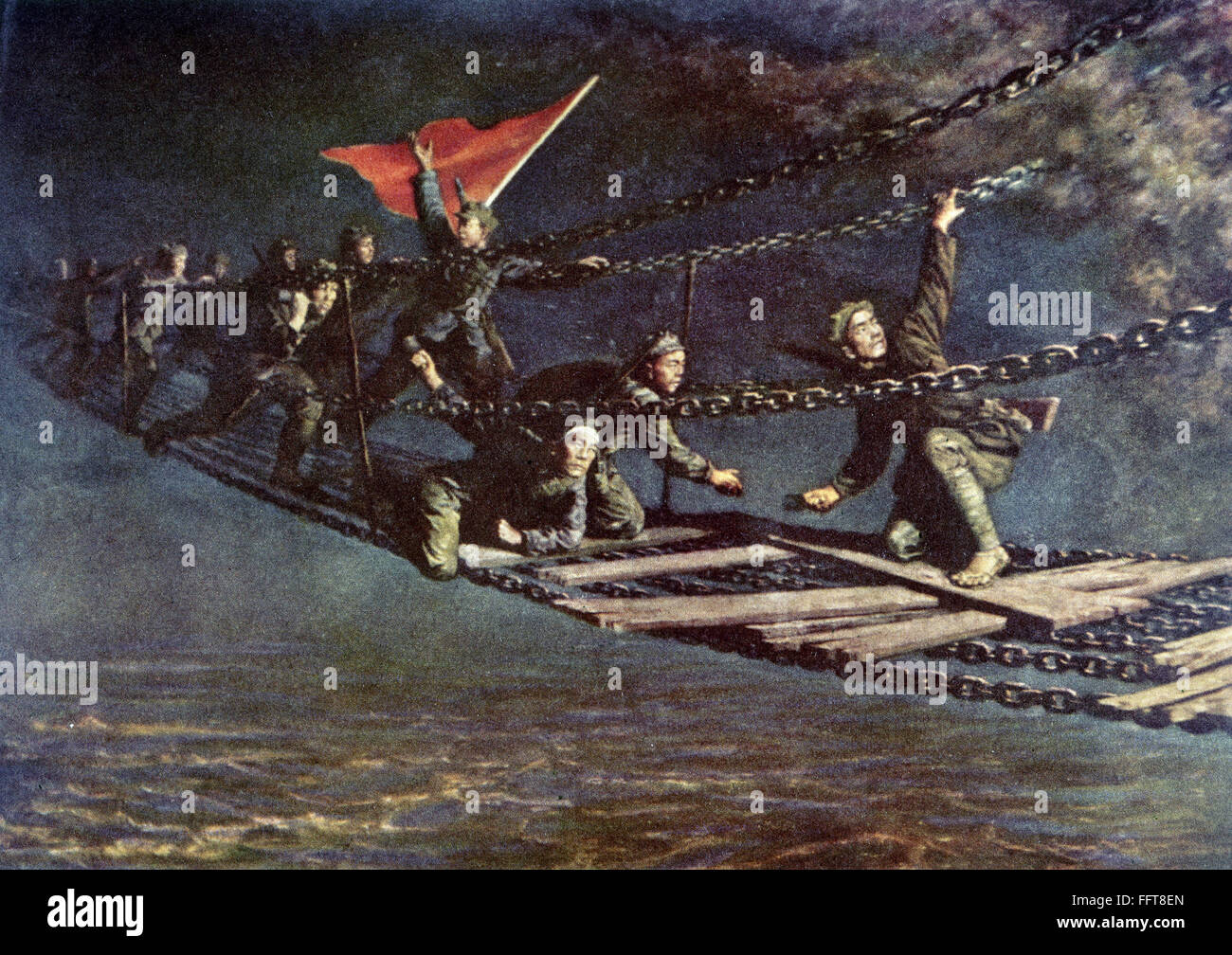 CHINA: LONG MARCH, 1935. /nChinese Communist troops crossing the Luding Bridge over the Ta-tu River in Szechwan province, China, after engaging Nationalist forces during the Long March, 1935. Painting by a Chinese Communist artist. EDITORIAL USE ONLY. Stock Photo