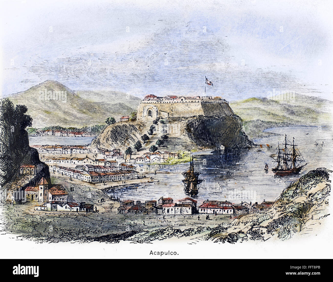 MEXICO: ACAPULCO. /nView of the city of Acapulco, Mexico. Wood engraving, 19th century. Stock Photo