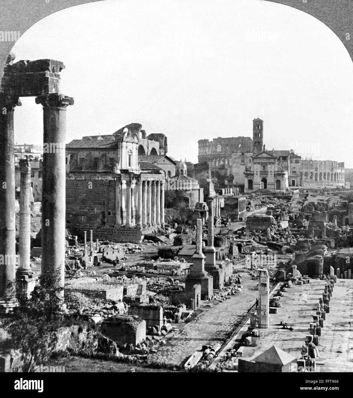 ROME: FORUM, c1906. /nA view of the ruins of the Forum and the Colosseum (rear) in Rome, Italy. Stereograph, c1906. Stock Photo