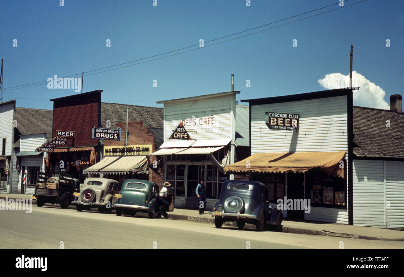 IDAHO: MAIN STREET, 1941. /nA row of storefronts along Main Street in Cascade, Idaho. Photograph by Russell Lee, July 1941. Stock Photo