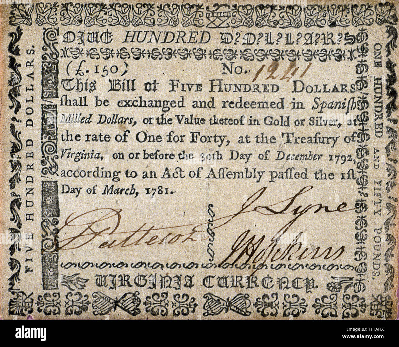 500 DOLLAR NOTE, c1781. /nAmerican note for 500 dollars issued by the Treasury of Virginia, c1781. Stock Photo
