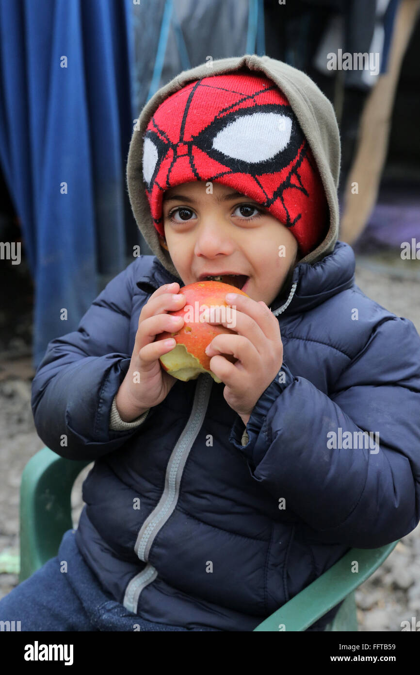 Portrait of a refugee boy (5 years) from Syria eating an apple, now lives with his parents in a tent camp near Calais, France Stock Photo
