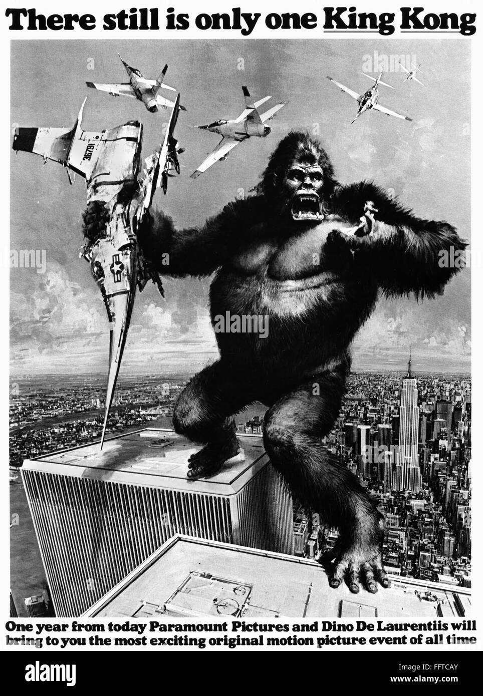 KING KONG, 1976. /nKing Kong straddling the World Trade Center./nAdvertisement, 1975, for Dino