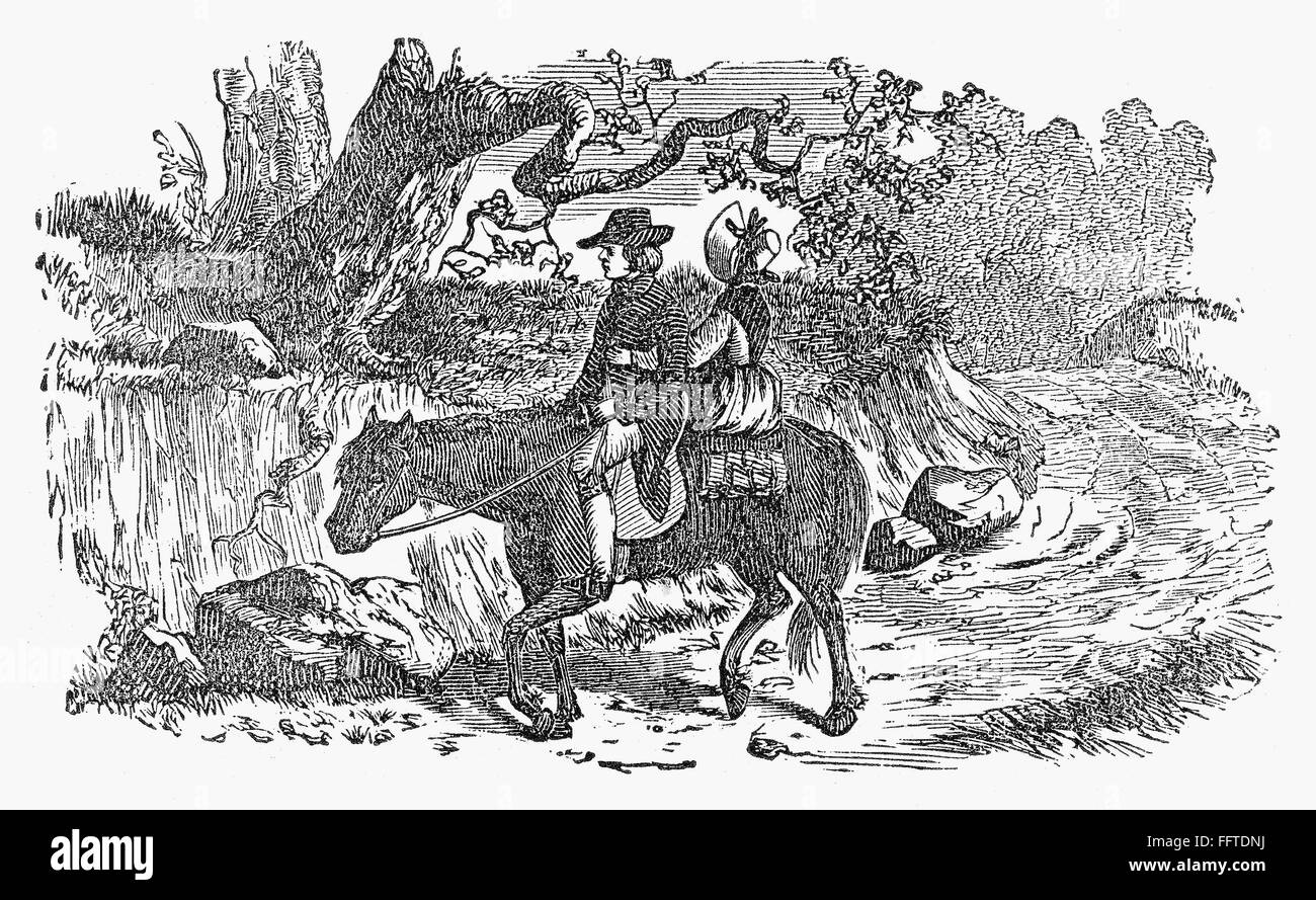 HORSEBACK RIDING. /nA man and woman on horseback. Woodcut, American, 19th century. Stock Photo