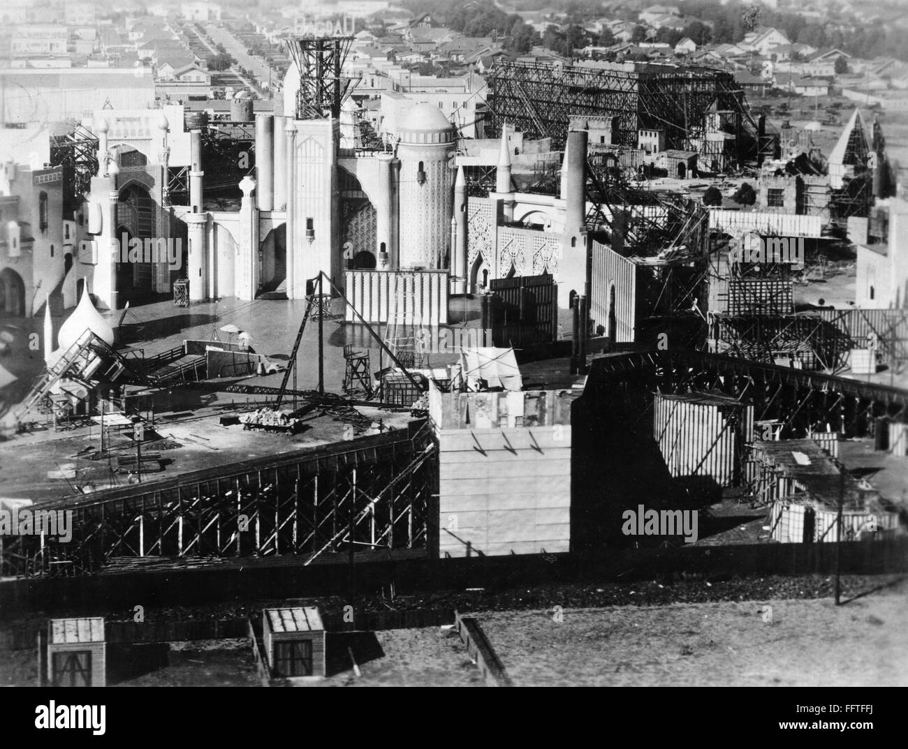 HOLLYWOOD BACK LOTS, 1924. /nView of sets on back lots of the film studios in Hollywood, c1924. In the foreground is the palace for the 1924 silent film 'The Thief from Bagdad.' Stock Photo