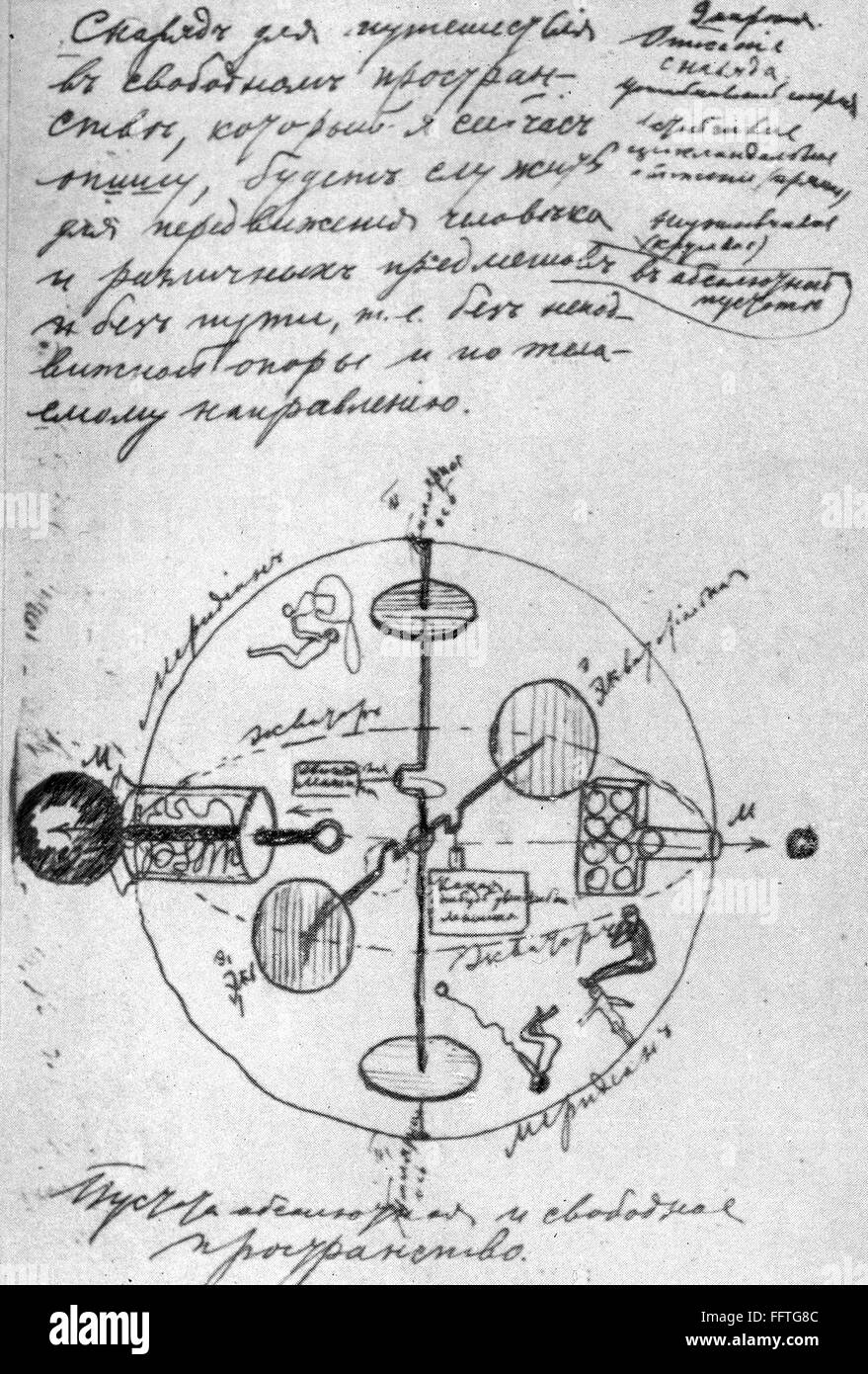 TSIOLKOVSKY: SPACESHIP, 1883. /nCross-section of a jet-propelled spaceship. At right, a cannon fires spherical projectiles and propels the vehicle through space with its recoil. At center are revolving gyroscopes which can change the position of the vehic Stock Photo