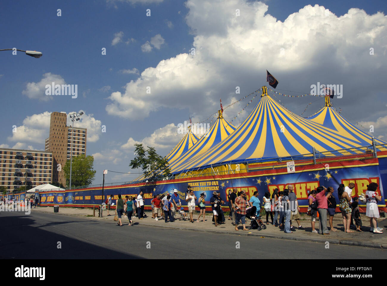 CONEY ISLAND: CIRCUS./nLine of people outside the Ringling Brothers and  Barnum and Bailey Boom a Ring circus at Coney Island, Brooklyn, New York.  Photograph, 2009. Full credit: Maggie Downing / Granger, NYC --