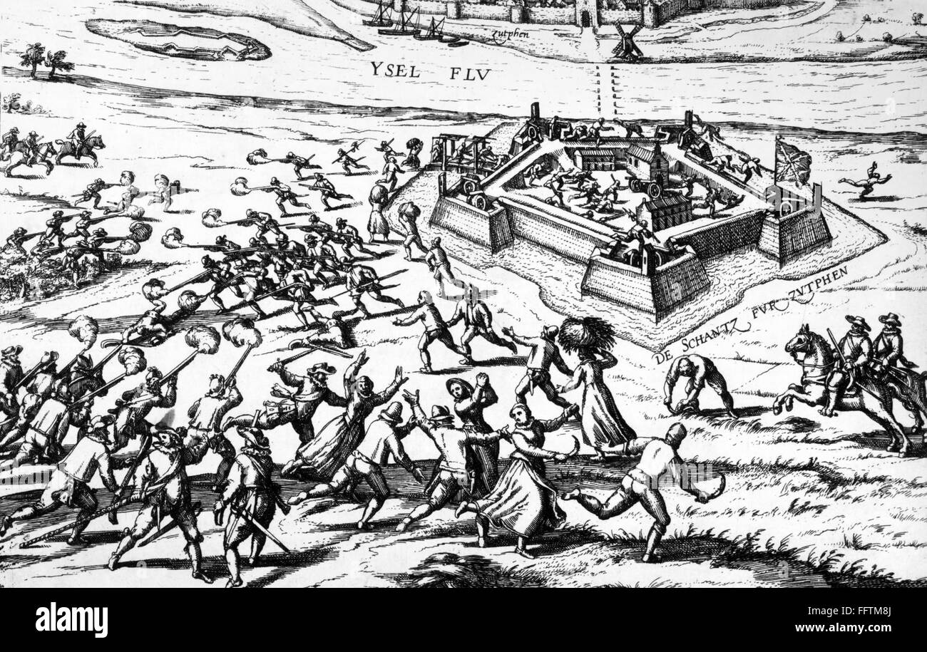 80 YEARS WAR, 1591. /nThe Spanish held city of Zutphen, the Netherlands, is retaken by Dutch forces/nunder the Prince of Orange in 1591. Contemporary line engraving, the Netherlands. Stock Photo
