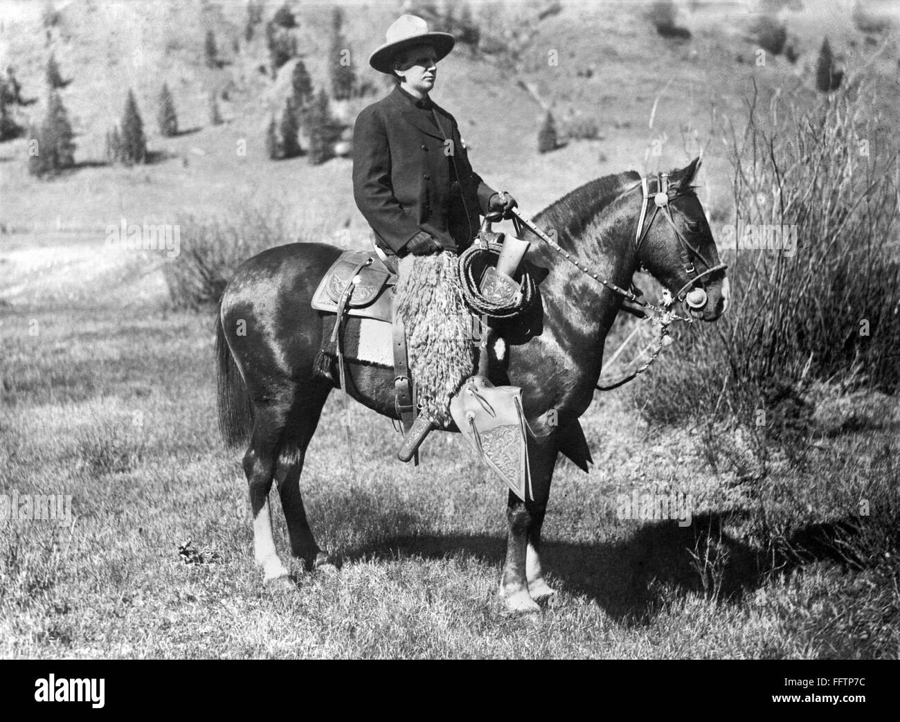 COWBOY. /nA cowboy photographed on horseback in western America. Stock Photo